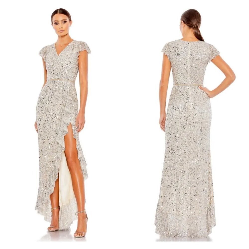 MAC DUGGAL Sequined Faux Wrap Ruffle Cap Sleeve Gown in Silver Nude Size US 4